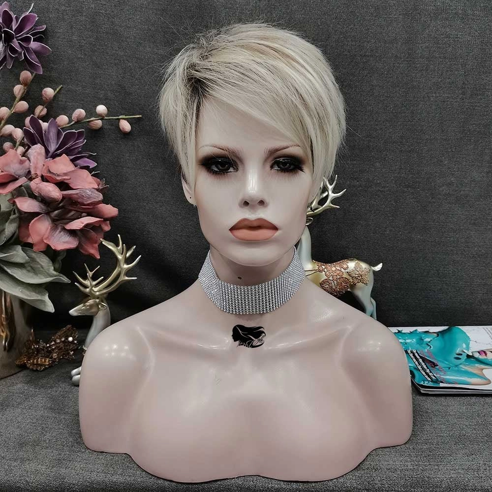 IMSTYLE Dark Roots Ombre Blonde Color Edgy Pixie Cut With Bangs Short Hairstyle Karen Wig For egirl