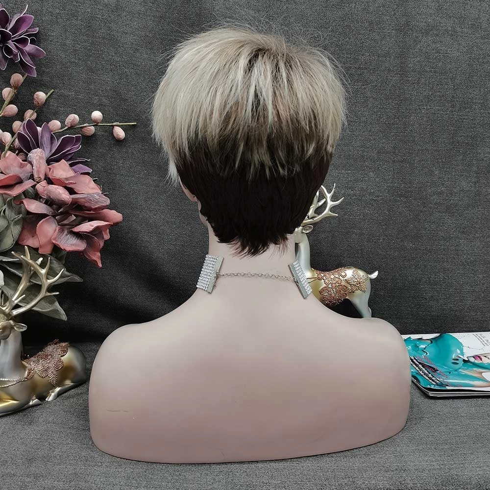 IMSTYLE Dark Roots Ombre Blonde Color Edgy Pixie Cut With Bangs Short Hairstyle Karen Wig For egirl