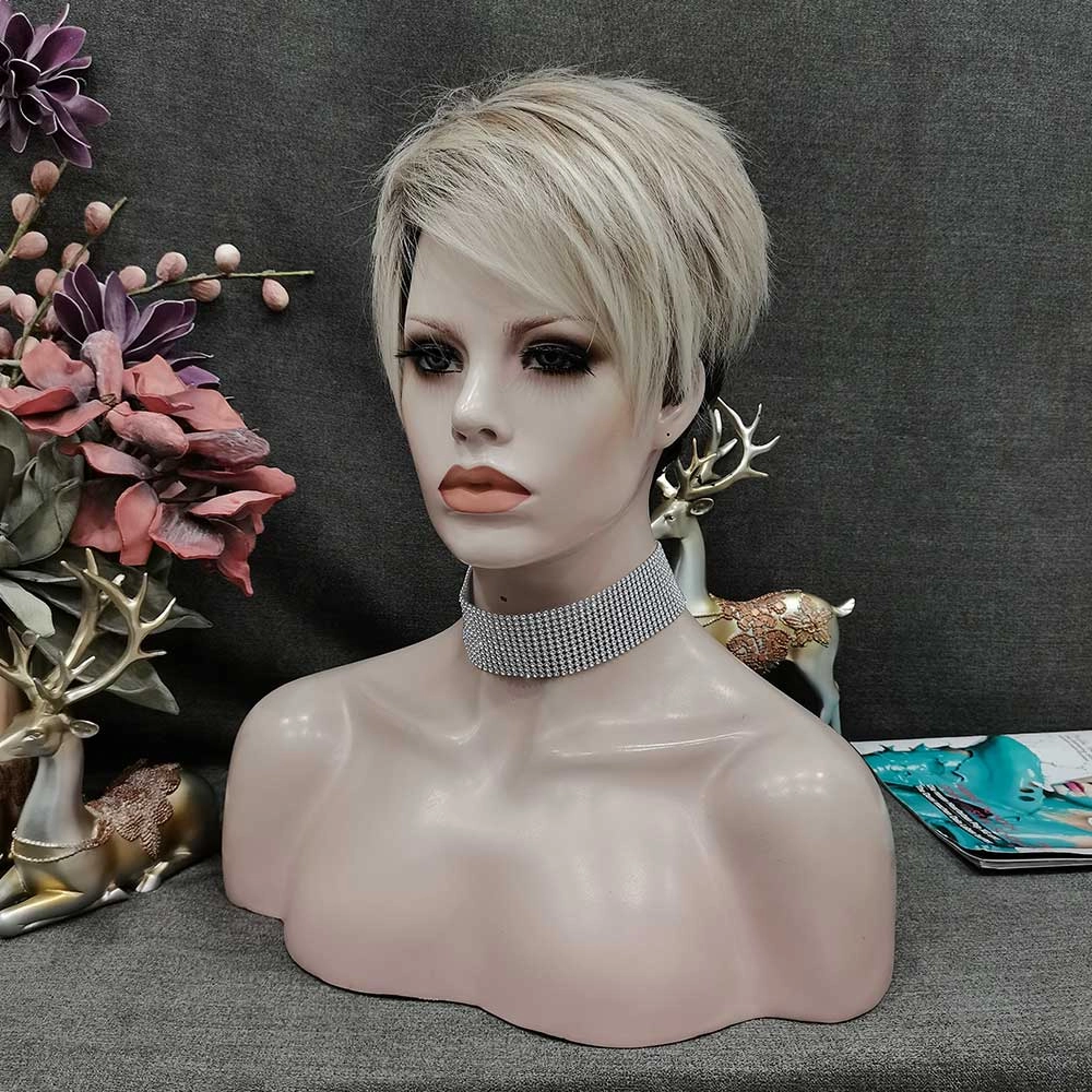 IMSTYLE Dark Roots Ombre Blonde Color Edgy Pixie Cut With Bangs Short Hairstyle Karen Wig For egirl