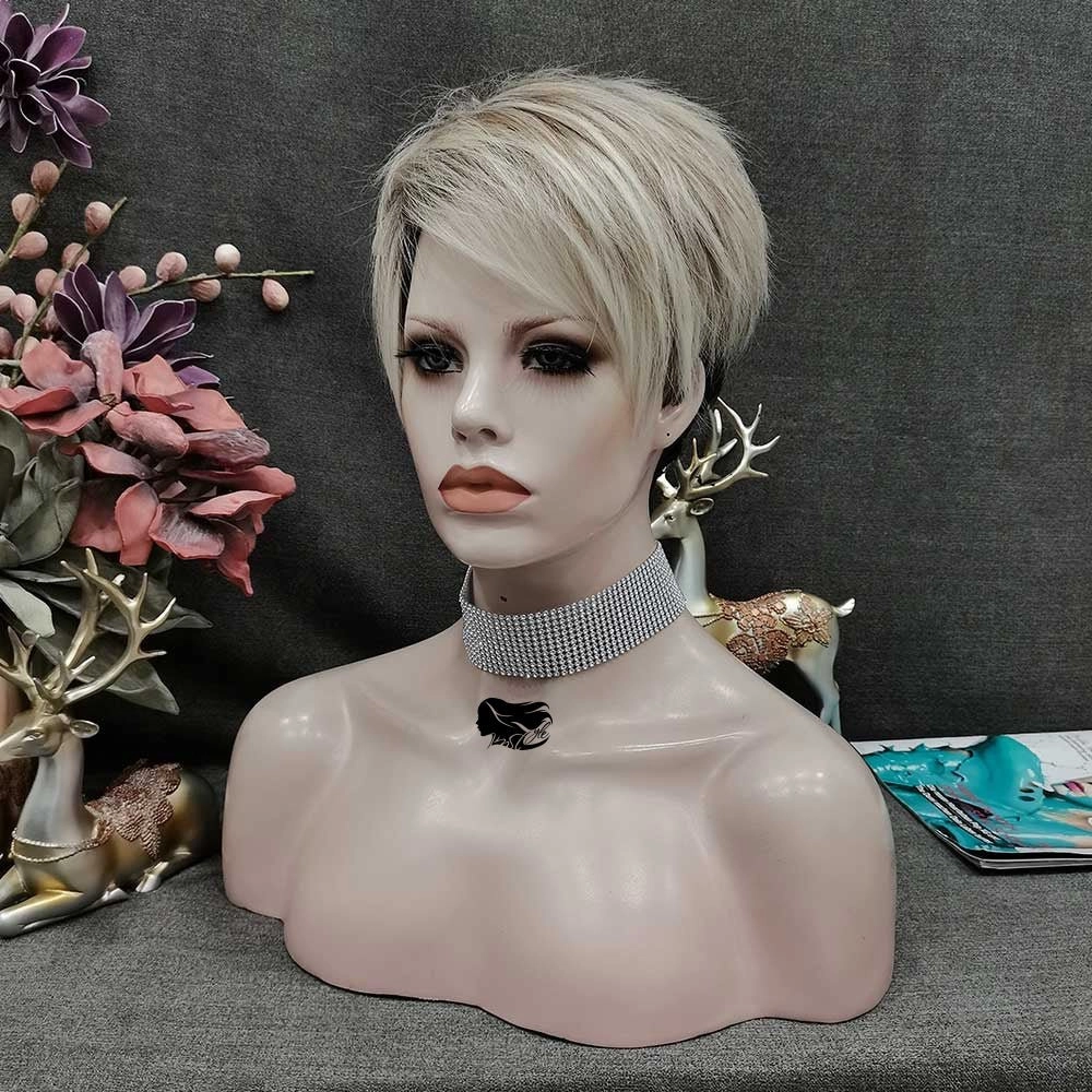 IMSTYLE Dark Roots Ombre Blonde Color Edgy Pixie Cut With Bangs Short Hairstyle Karen Wig For egirl