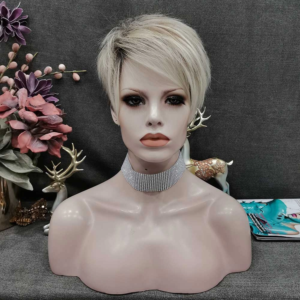IMSTYLE Dark Roots Ombre Blonde Color Edgy Pixie Cut With Bangs Short Hairstyle Karen Wig For egirl