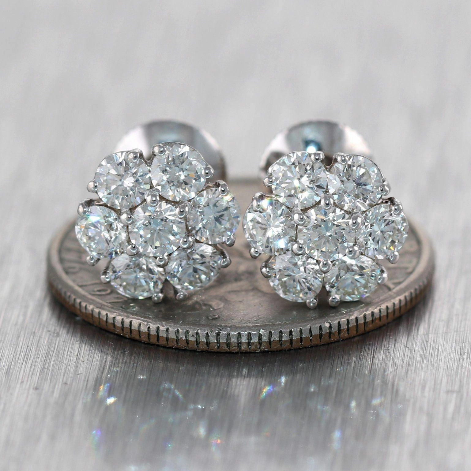 Modern 14k White Gold 2.25ctw Diamond Cluster Stud Earrings