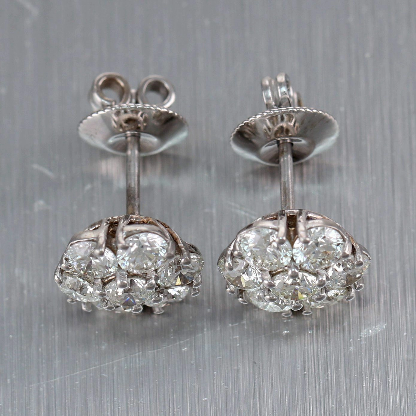 Modern 14k White Gold 2.25ctw Diamond Cluster Stud Earrings
