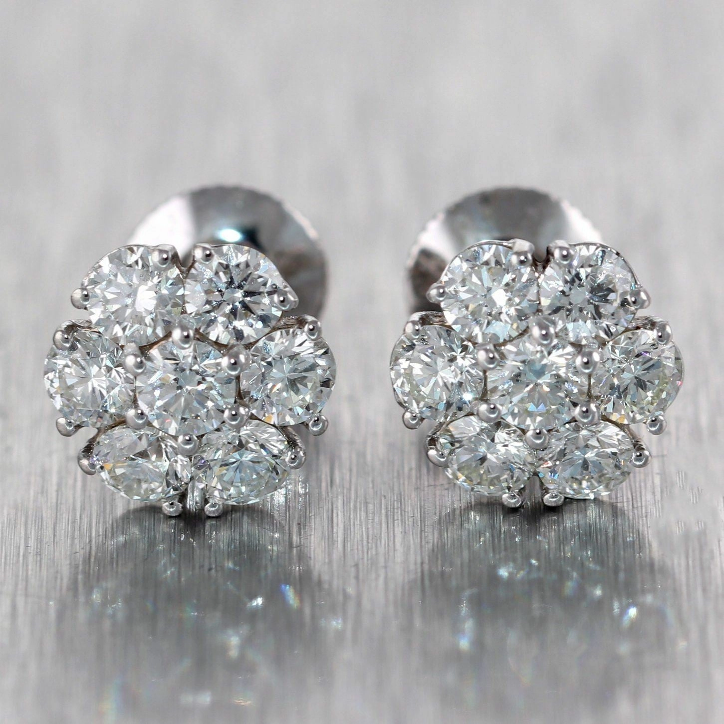 Modern 14k White Gold 2.25ctw Diamond Cluster Stud Earrings