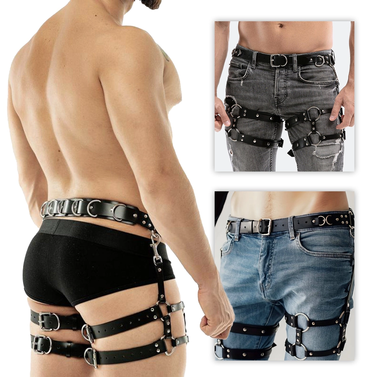 QUTOYS Punk Leather Chained Leg Harness Belt  Black