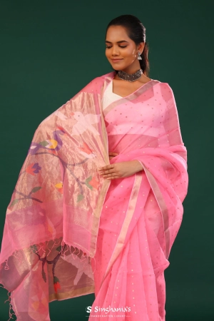 Schauss Pink Bailu Organza Saree With Zari Border