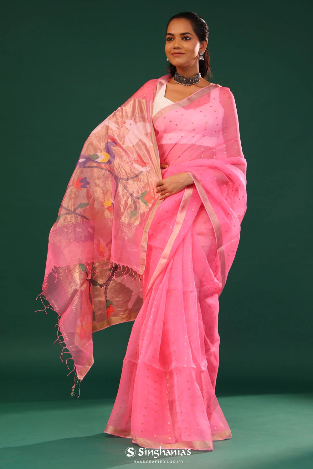 Schauss Pink Bailu Organza Saree With Zari Border