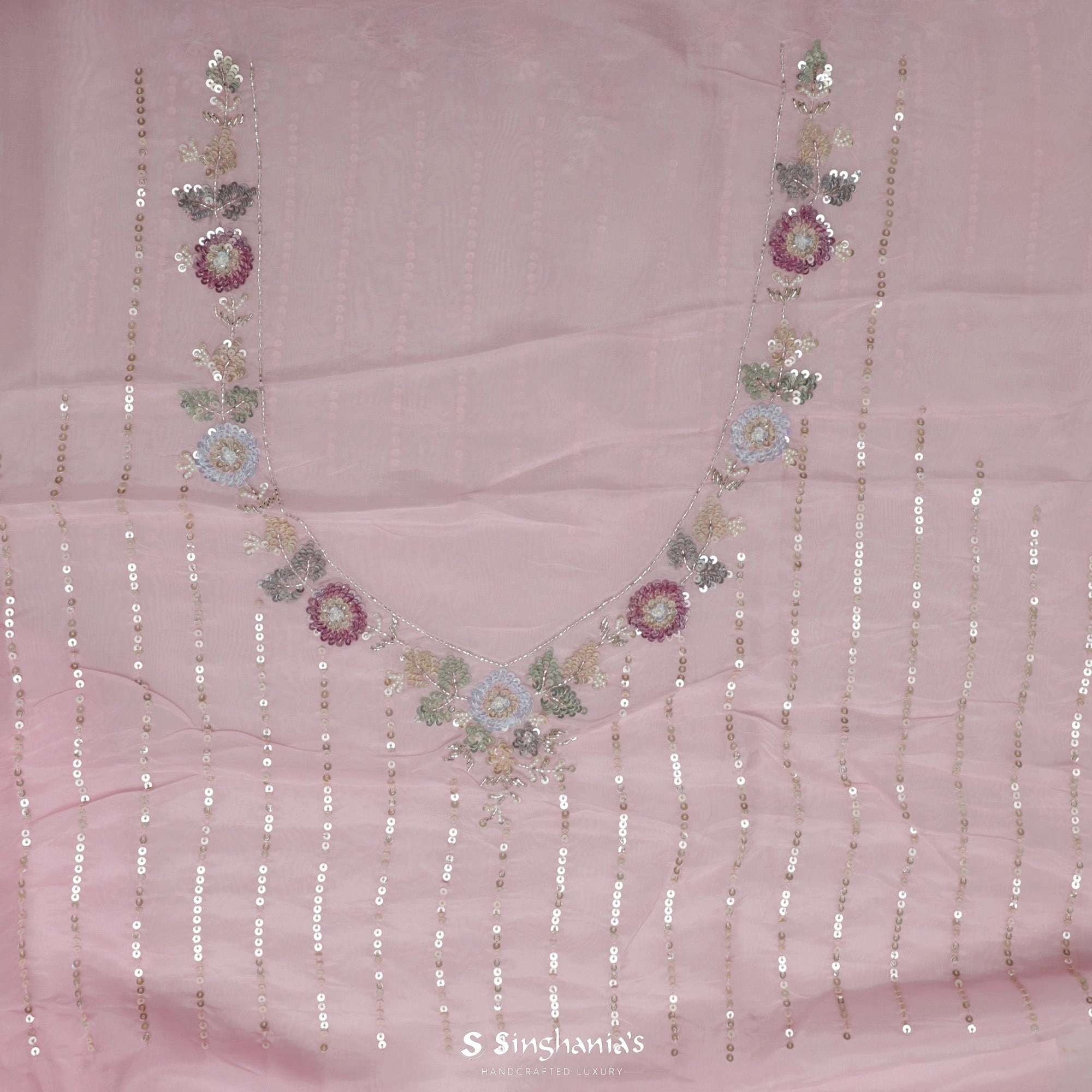 Taffy Pink Tissue Organza Saree Hand Embroidery