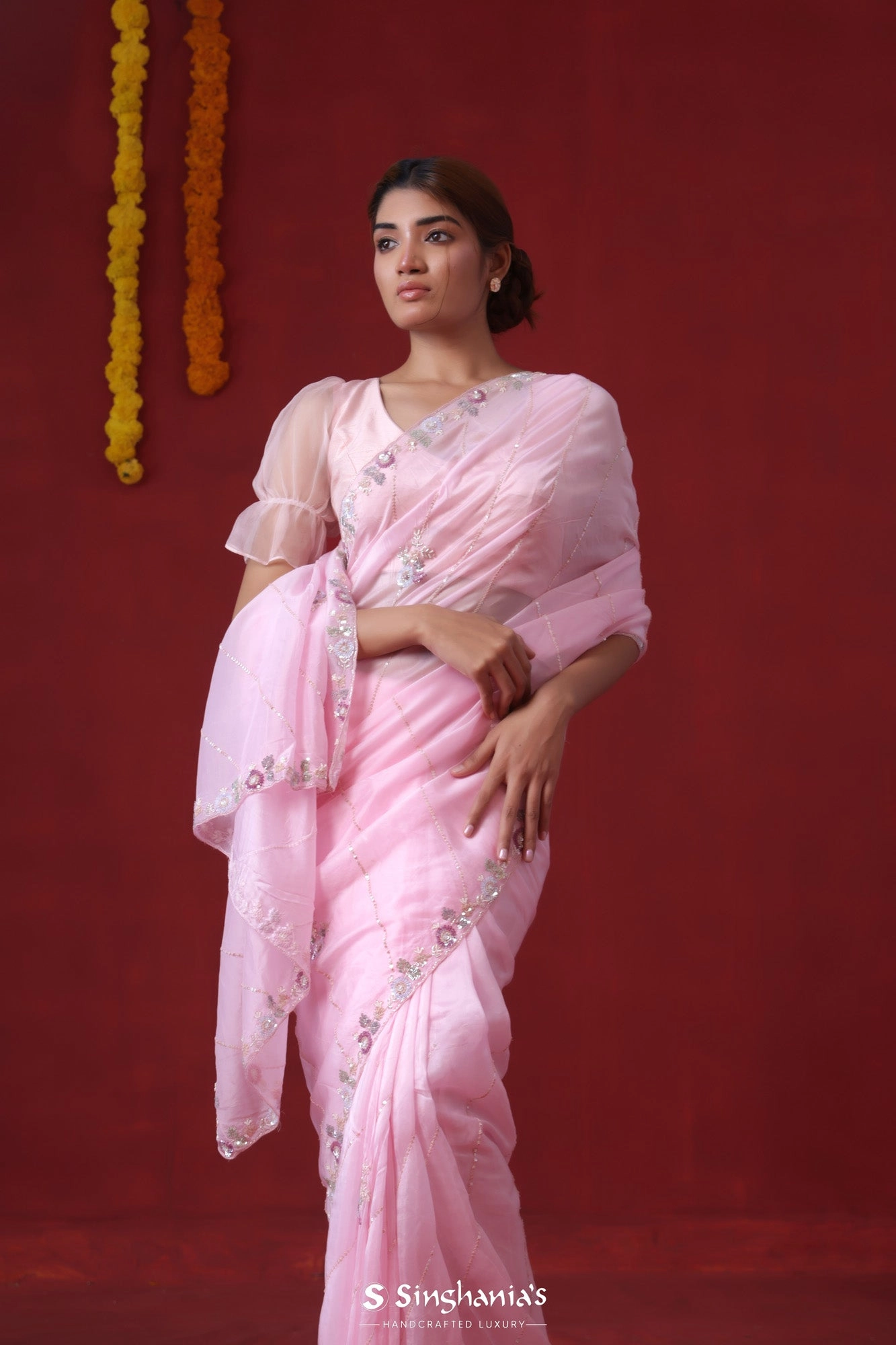 Taffy Pink Tissue Organza Saree Hand Embroidery