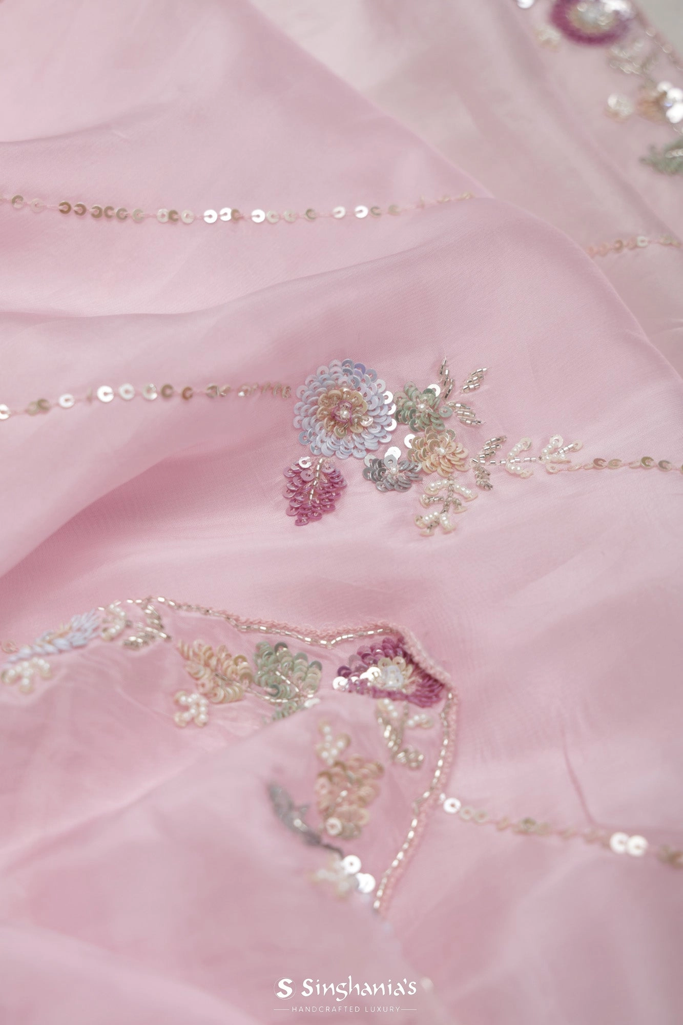 Taffy Pink Tissue Organza Saree Hand Embroidery